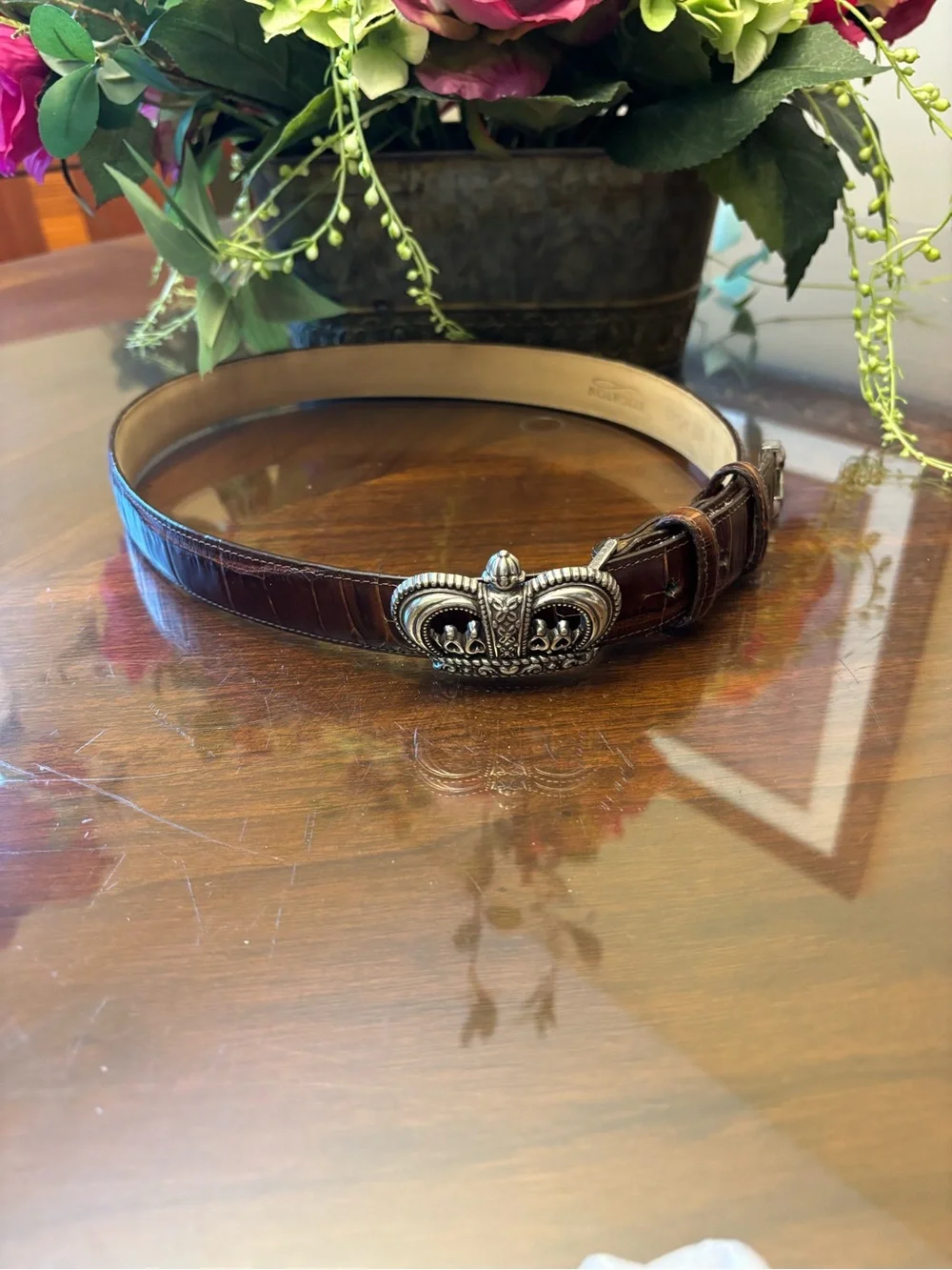 Brighton Brown Leather Belt with Silver Crown Buckle